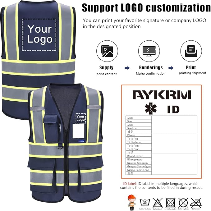 AYKRM 11 color High Vis Reflective Safety Vest for Women Men Security Pocket Zipper