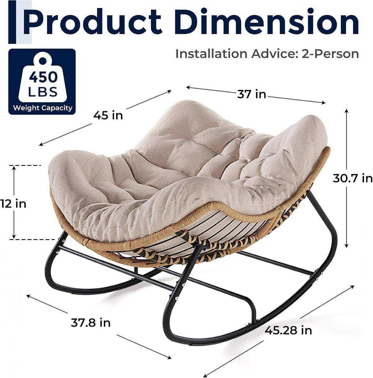 SWITTE Papasan Rocking Chair, Outdoor Wicker Egg Rocker with Cushion, Ivory
