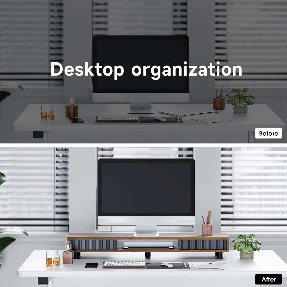 Fenge Dual Monitor Stand with Storage, Desk Shelf with Glass Sliding Door