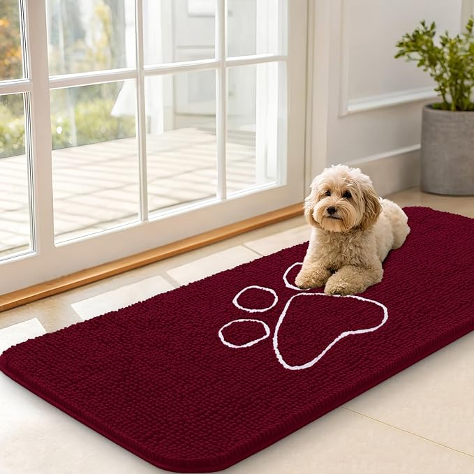 OLANLY Dog Door Mat for Muddy Paws 70x35, Paw Print Design, Absorbs Moisture