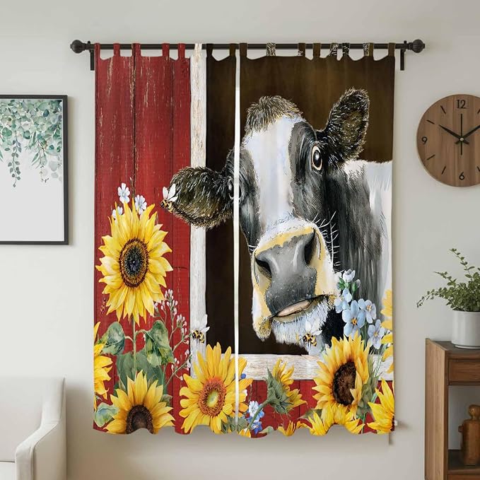 Cows Sunflowers Living Room Curtains 96 Inch Length, Window Curtains Tab Top