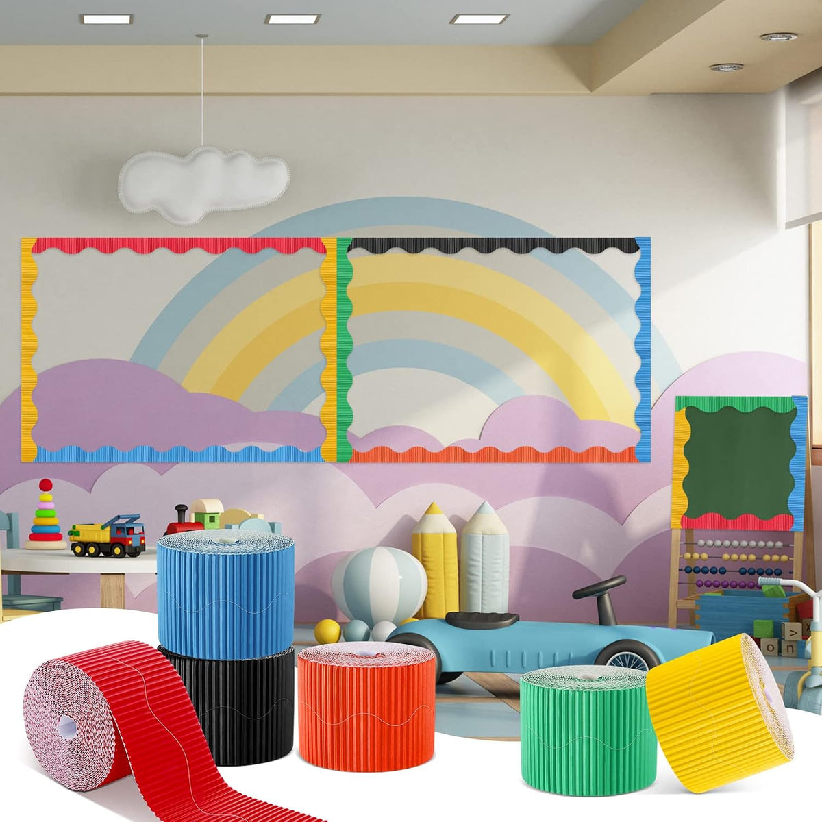 Harloon 6 Pcs 300ft Bulletin Board Borders Bulk Classroom Scalloped Borders Poster Cork Bulletin Board Trim Decor for 100 Day of School Teacher Students Supplies, 6 Colors