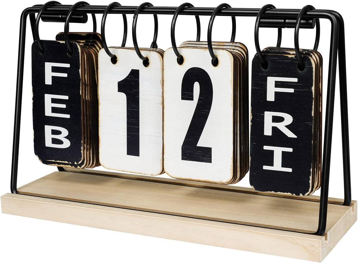 Wooden Desk Calendar 2025 2026 Standing Flip, Vintage Perpetual Flip Calendar with Large Display, Daily Desktop Calendar Rustic Farmhouse Desk Accessories for Home Office Decor, Foldable,Reusable Yearly