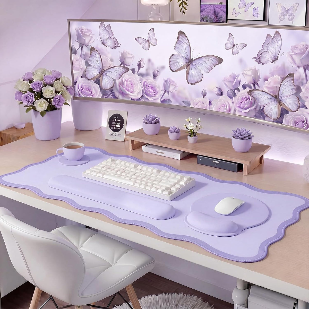 Sabary Scalloped Desk Mat Keyboard Mouse Pad Set Purple 35.5 x 15.7 Inch