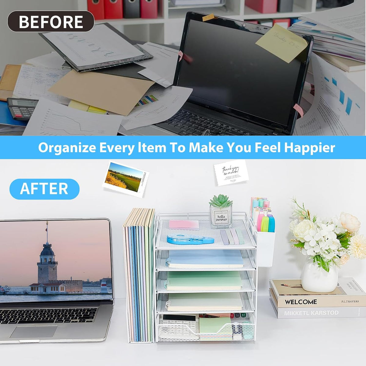 5-Tier Desk File Organizer with Drawer & Pen Holder (White)
