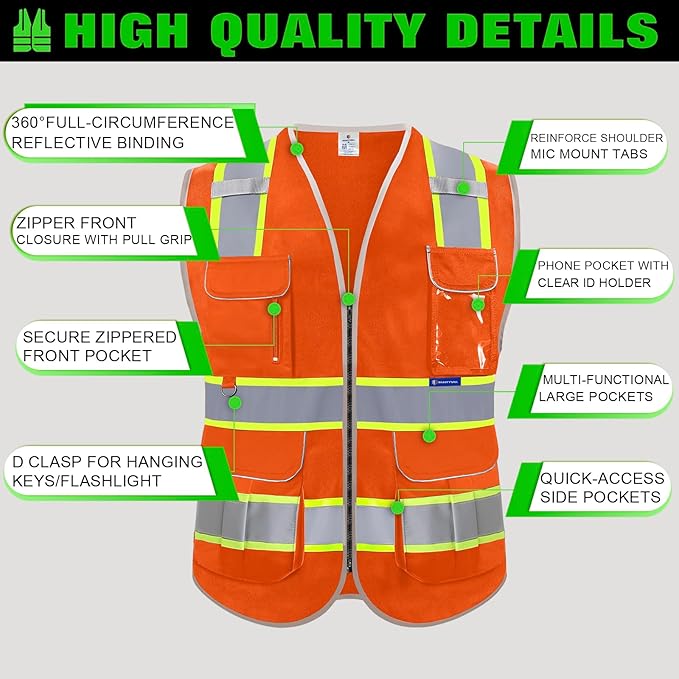 BeautyWill 5Pack Custom Logo Safety Vest 8 Pockets Class2 ANSI Certified High Visibility Reflective Vest for Men - Personalized Logo Heavy-Duty Work Vest（Orange，XXL）