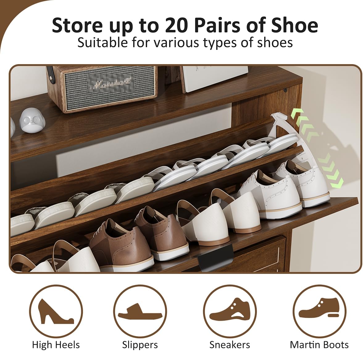 Shoe Cabinet Storage for Entryway with 2 Flip Drawers, Narrow Shoe Cabinet with Black Handles for Entryway, Hidden Slim Shoe Organizer Rack, 31.5" w x 9.45" D x 39" H