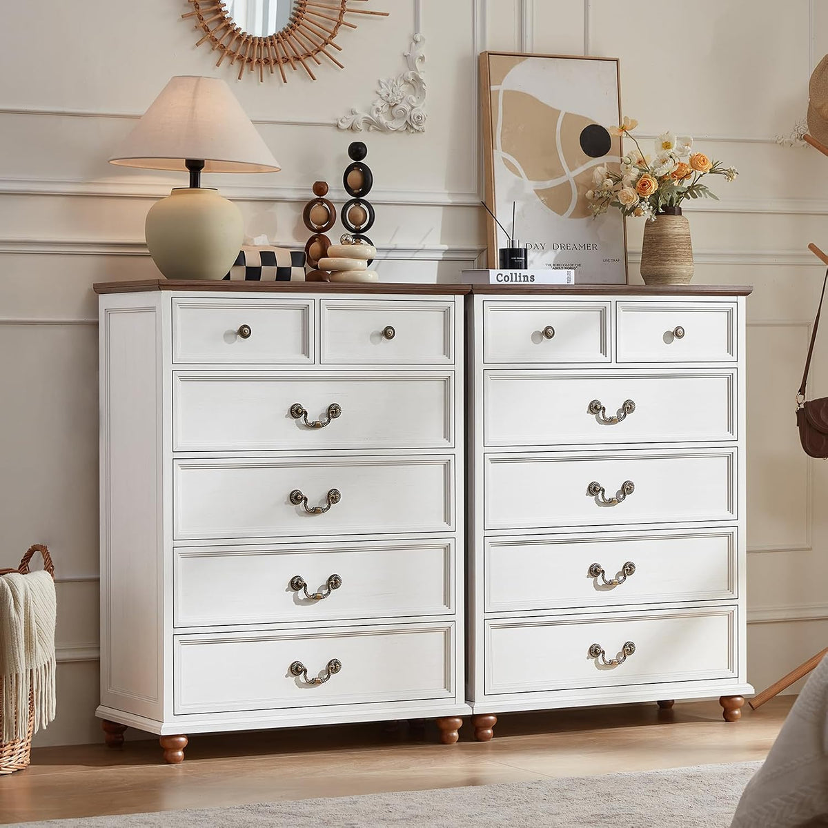 Joaxswe Farmhouse 6 Drawer Dresser Set of 2 for Bedroom, 42" Tall Rustic Chests of Drawers w/ 4 Solid Wood Feet, Mid Century Vintage Wooden Closet Storage Dressers Organizer for Living Room,White