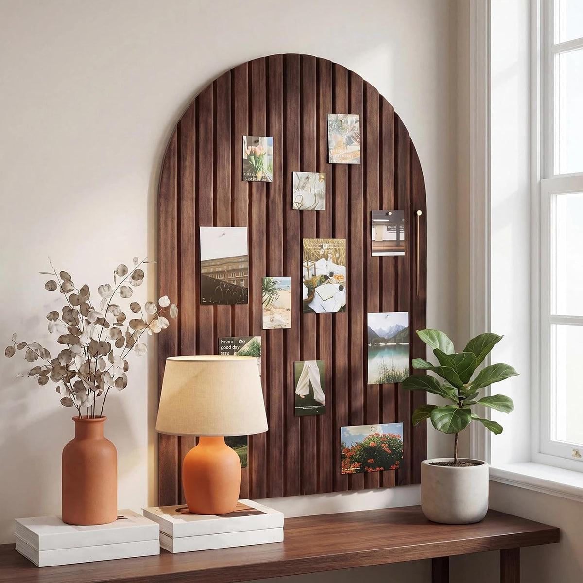 Mindsoft 35" x 24" Integrated Arched Felt Bulletin Board, Walnut Wood Color
