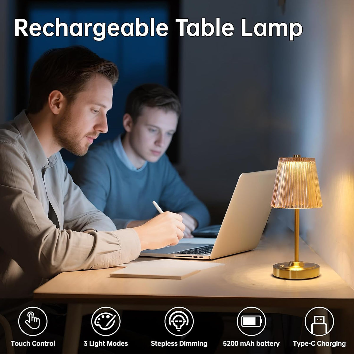Shenmoyl Cordless Touch Table Lamp with 5200mAh Battery - 3 Adjustable Color Temperatures & Dimmable, Rechargeable Desk Lamp for Bedroom, Living Room, Office, Entryway, Bookshelves (Amber Stripe)