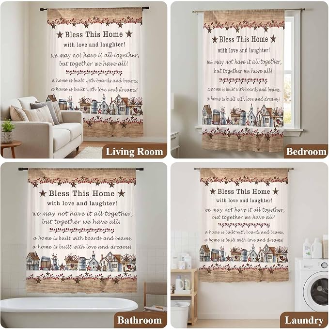 Farmhouse Sheer Curtains 45 Inch Length Country Star Barn Berry Brown Wood