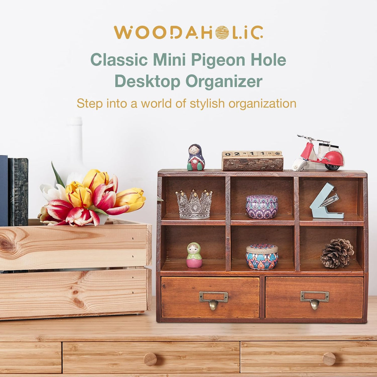 Desktop Mini Pigeon Hole Drawer Organizer - Vintage Farmhouse Wooden Shelves with 6 Compartments & 2 Drawers - Mahogany Wood Drawer Box Display Stand - Office Study Table Organizing Cabinet