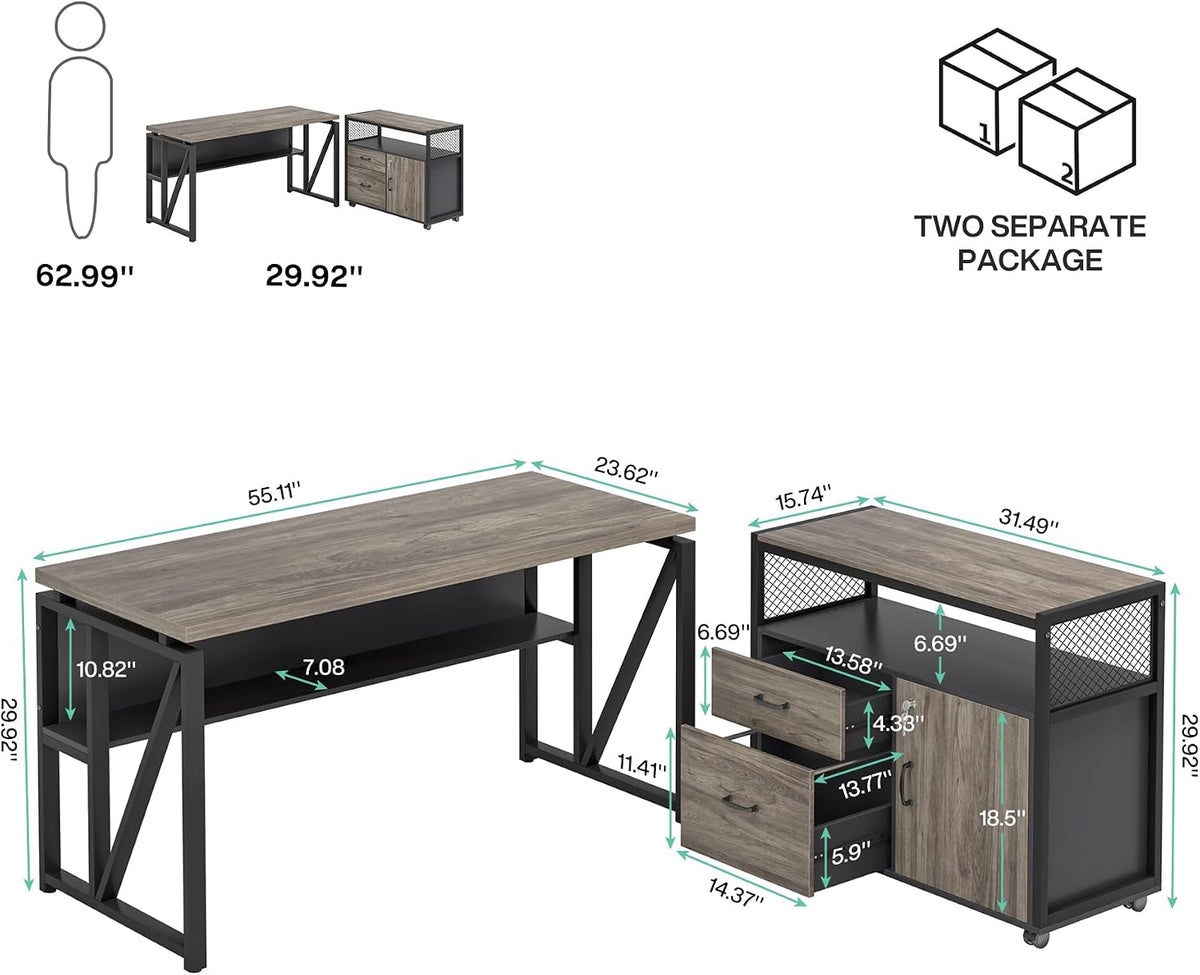 Tribesigns Grey Executive Desk with Cabinet, 55" L Shaped Computer Desk and lateral File Cabinet with Locks, 2 Piece Home Office Furniture Set for Hanging