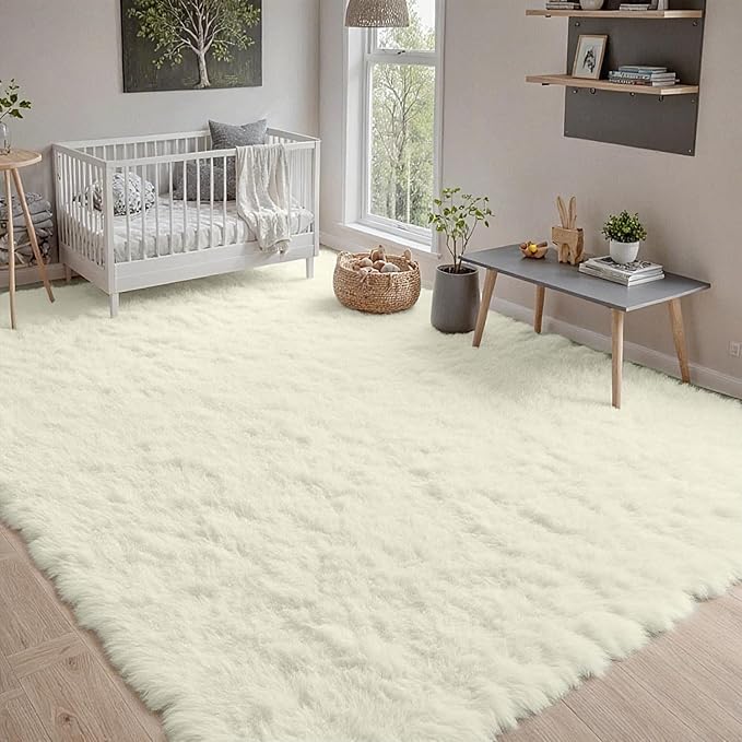 8x10 Area Rugs for Living Room Rug: Soft Fluffy Shag Cream White Rugs for