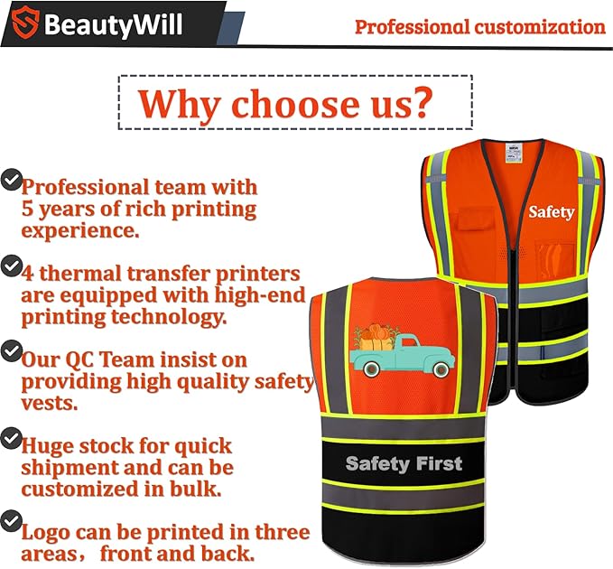 5 Pack Custom Mesh Safety Vest Customized Logo Class2 High Visibility Reflective Vest with Pockets Construction workwear（Orange Black，4XL ）
