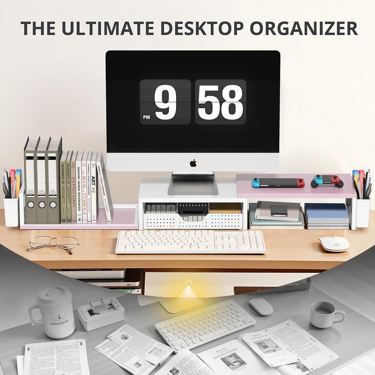 OPNICE Desk Organizers and Accessories, Dual Monitor Stand Riser with Drawer and 2 Pen Holders, Desk Shelf Printer Stand for Office Workspace Organizers, Desktop Organization (Pink-White)