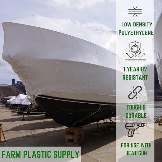Farm Plastic Supply Polyethylene Plastic Shrink Wrap - 7 mil – Boat Shrink Film for Heat Gun, Industrial Shrink Wrap, Plastic Sheeting for Storage & Protection (White, 20' x 125')