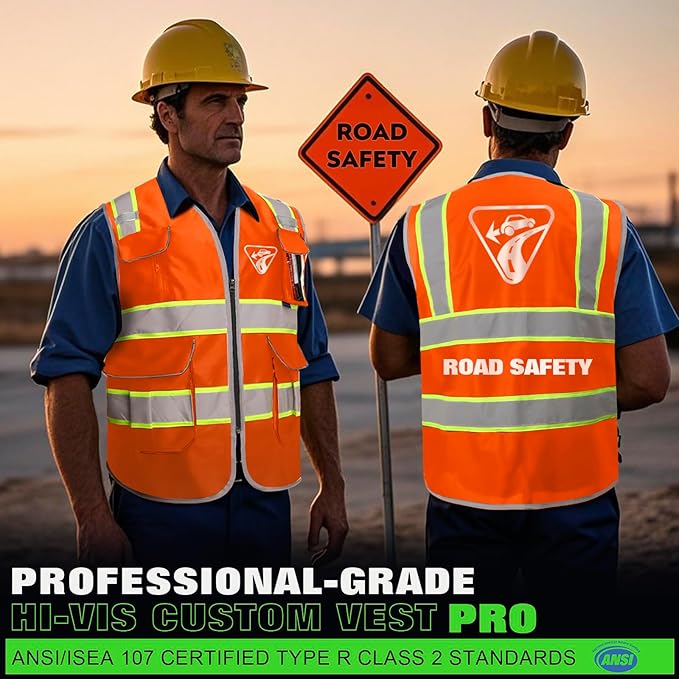 BeautyWill 5Pack Custom Logo Safety Vest 8 Pockets Class2 ANSI Certified High Visibility Reflective Vest for Men - Personalized Logo Heavy-Duty Work Vest（Orange，S）