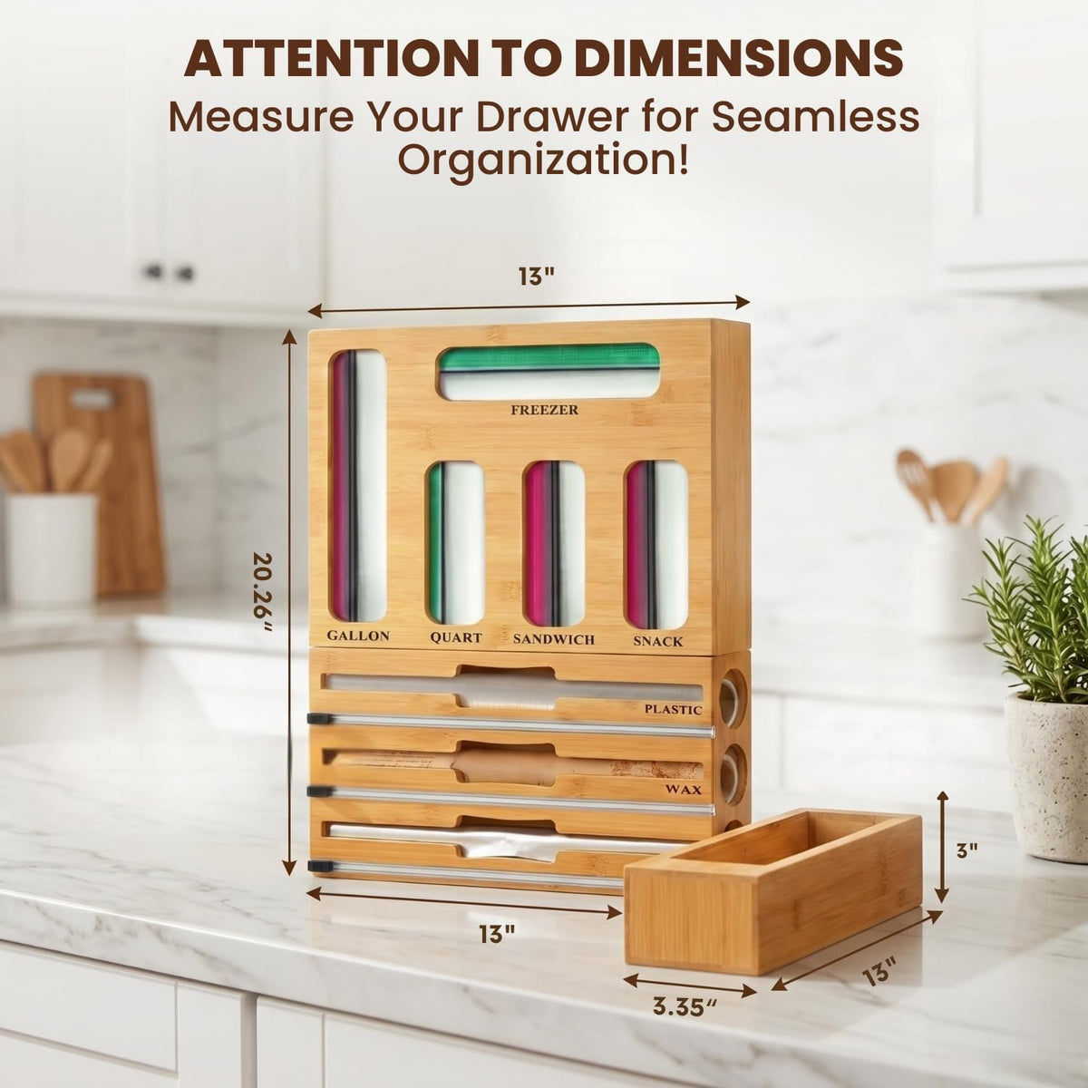 9 in 1 Storage Bag Organizer for Kitchen Drawer, Bamboo Foil and Plastic Wrap with Cutter, Ziplock Bag Organizer for Quart, Gallon, Sandwich & Snack Bags - Aluminum Foil Organizer