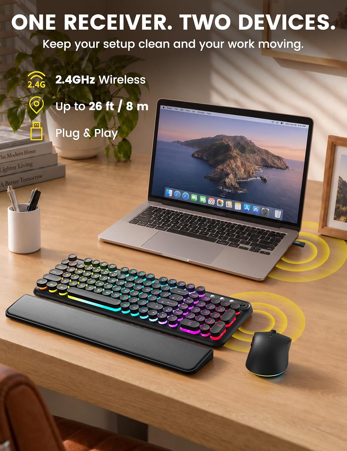 SABLUTE RGB Backlit Wireless Keyboard and Mouse Combo with Retro Round Keys