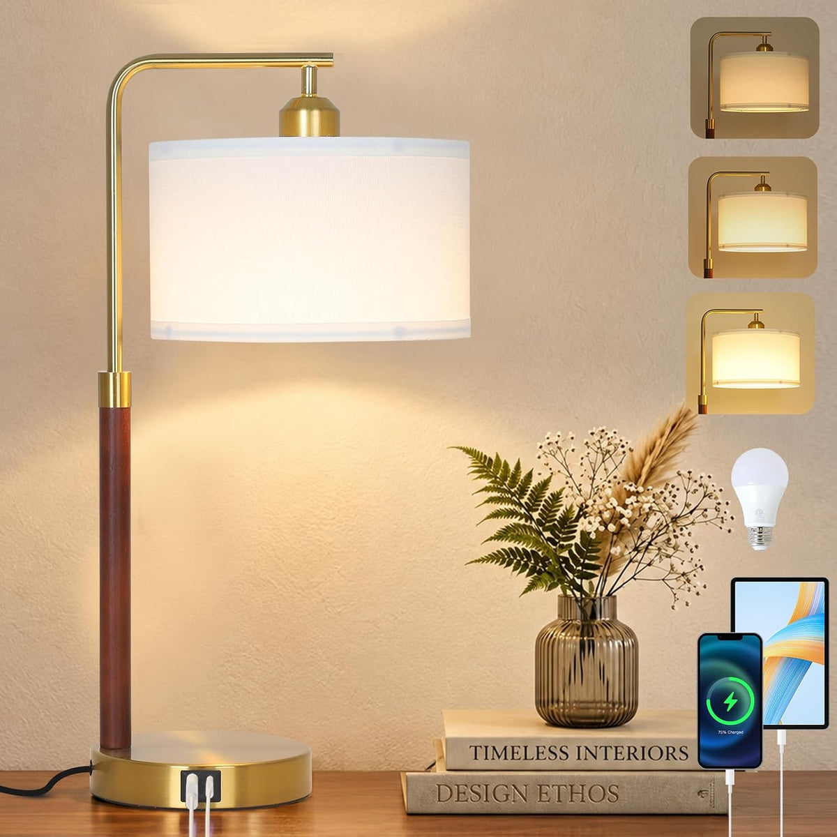 LAMSU Touch Lamp for Nightstand, Mid Century Table Lamp with Bulb, Solid Wood Pole, Dimmable Bedside Lamp with USB Charging Ports, Modern Gold Tall Desk Lamps for Bedroom Living Room Office