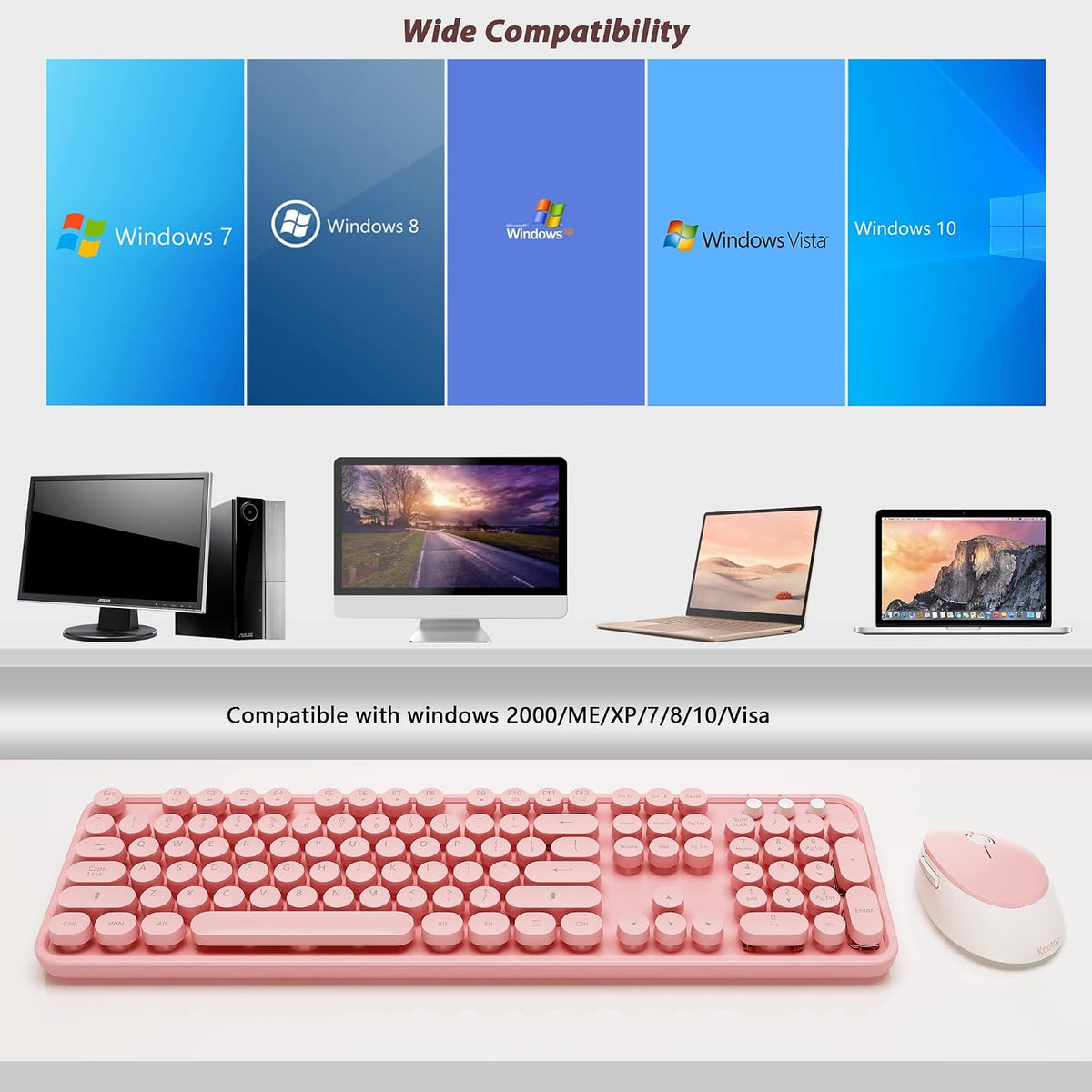Kootop Wireless Keyboard Mouse, Cute 104 Keys Typewriter Pink White