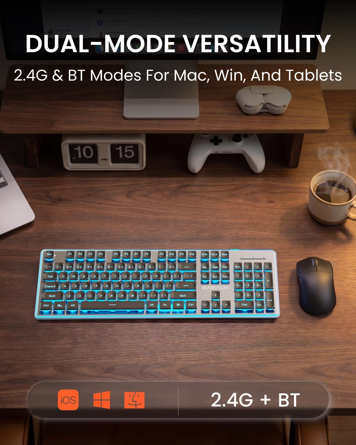 Wireless Keyboard and Mouse Combo with Blue Backlit, Rechargeable-Black