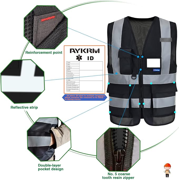 A-SAFETY 7 Pockets Hi Viz Zipper Front Working Safety Vest with Reflective Strips, Multiple Colors Available, Black M