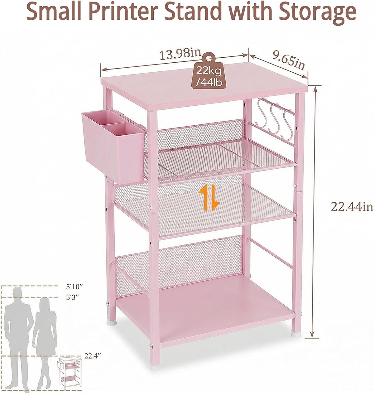 ECOLOVI Small 3 Tier Printer Stand for Under Desk, Height Adjustable Shelf Printer Table with 3 S-Hooks & Basket, Heavy Duty Industrial Storage Shelf for Home Office (Deep Pink)