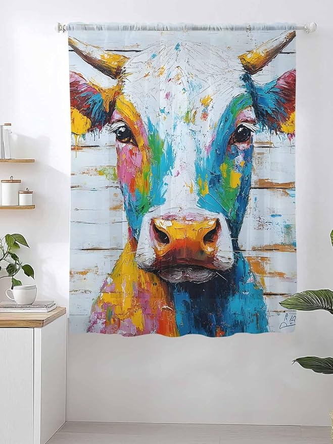 Sheer Curtains 72 Inches Long, Funny Colorful Cow Semi Sheer Curtains Light