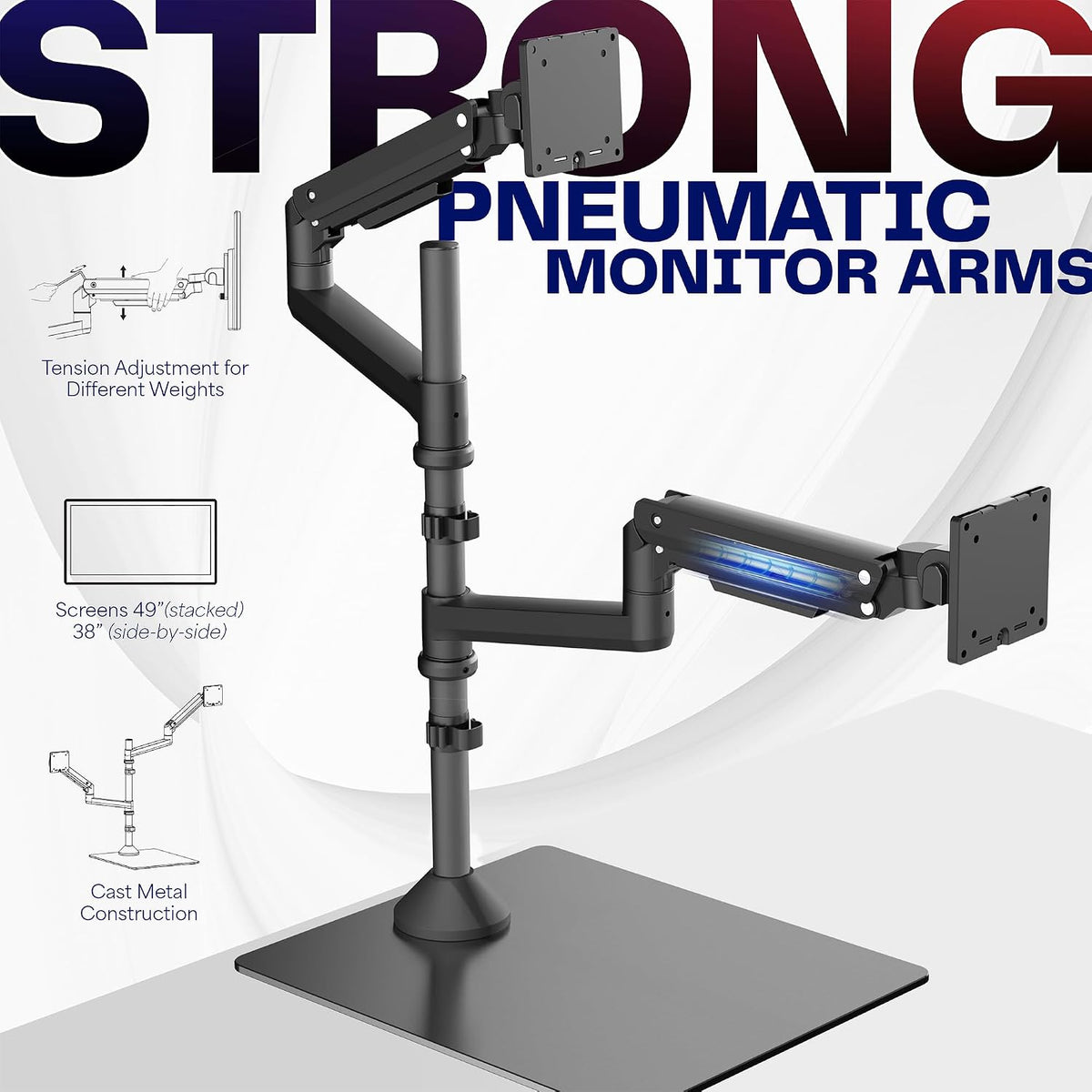 VIVO Pneumatic Arm Dual Ultrawide Monitor Desk Stand for Up to 49 inch Screens with Tempered Glass Base, Holds 2 Ultra Wides Up to 30.8 lbs, Black, STAND-V249FG