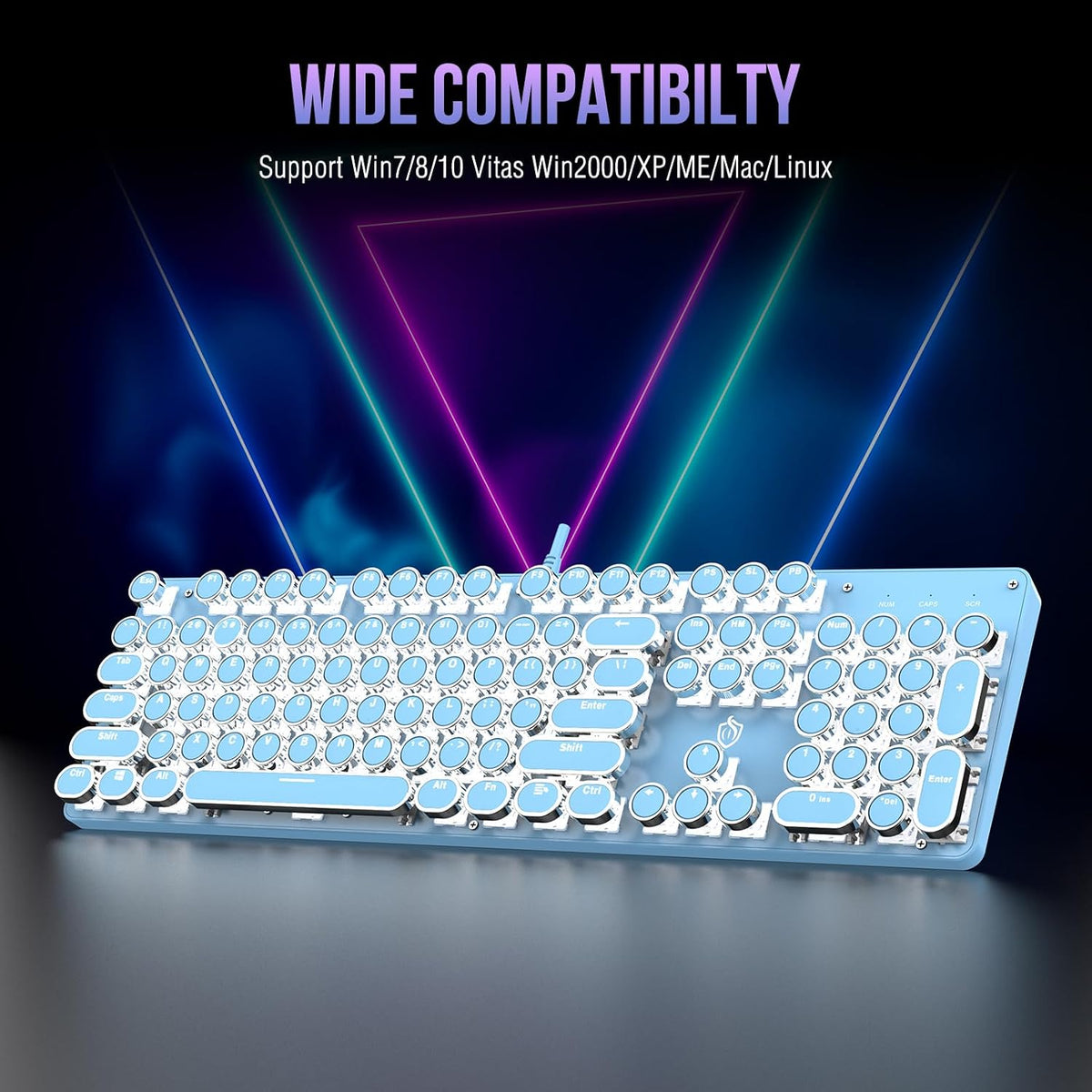 Typewriter Mechanical Gaming Keyboard with White Light Backlit Red Switches, 104 Keys Retro Round Keycap, Wired Typewriter Style Comfortable Typing Soud (Blue)