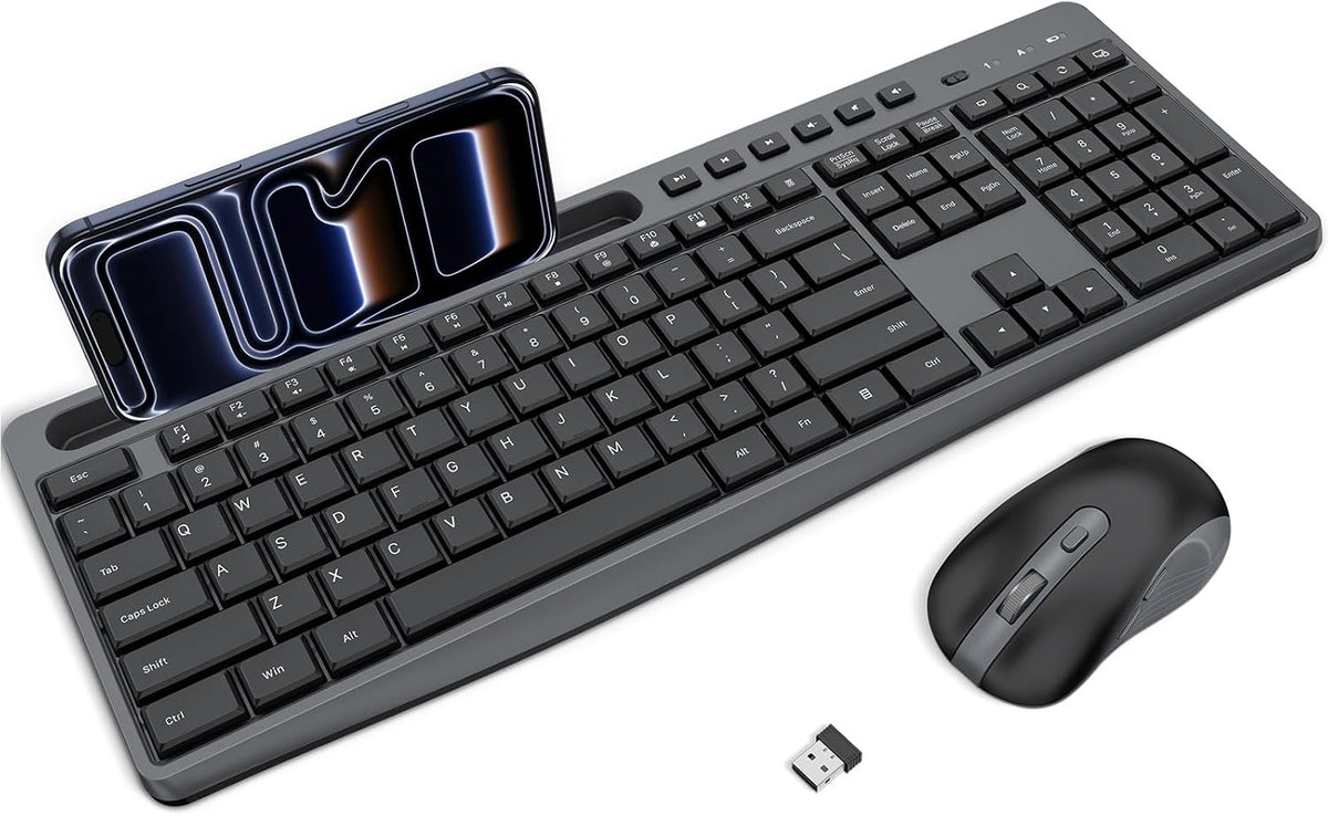 OMOTON Wireless Keyboard and Mouse Combo, 2.4G Quiet Set with Phone Holder
