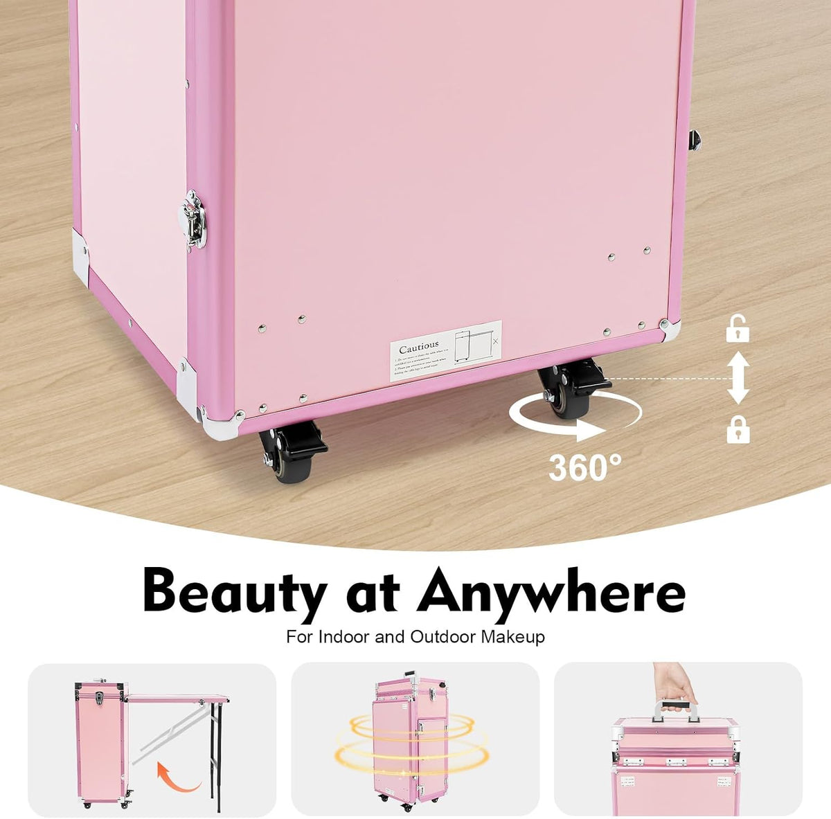 Foldable Rolling Travel Nail Desk, Professional Rolling Cosmetic Trolley with 4 Drawers & Lock, Trolley Storage Organizer for Makeup Artists, Stylists (Pink)