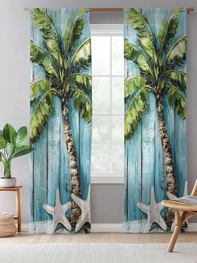 Sheer Curtains 108 Inches Long, Coastal Beach Starfish Semi Sheer Curtains