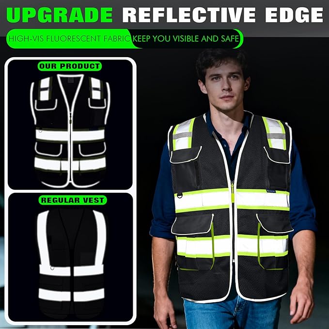 BeautyWill Safety Vest Class2 ANSI Certified Custom Logo High Visibility Reflective Vest for Men -10 Pockets Personalized Logo Heavy-Duty Work Vest（Mesh Black，4XL）