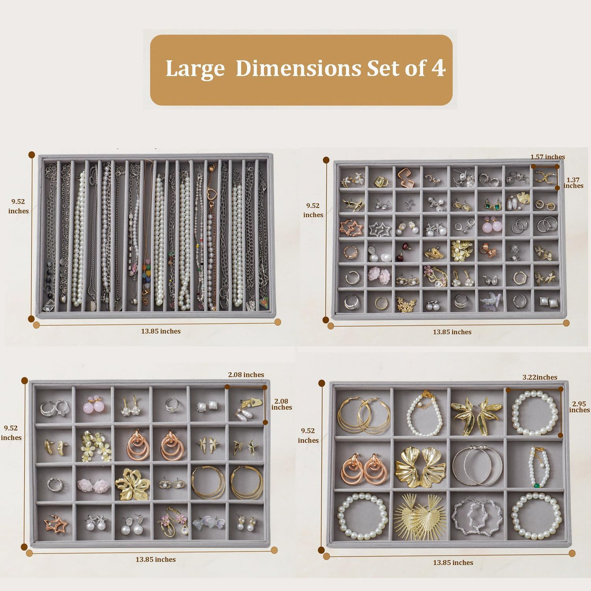Large Velvet Jewelry Drawer Organizer Trays Set of 4