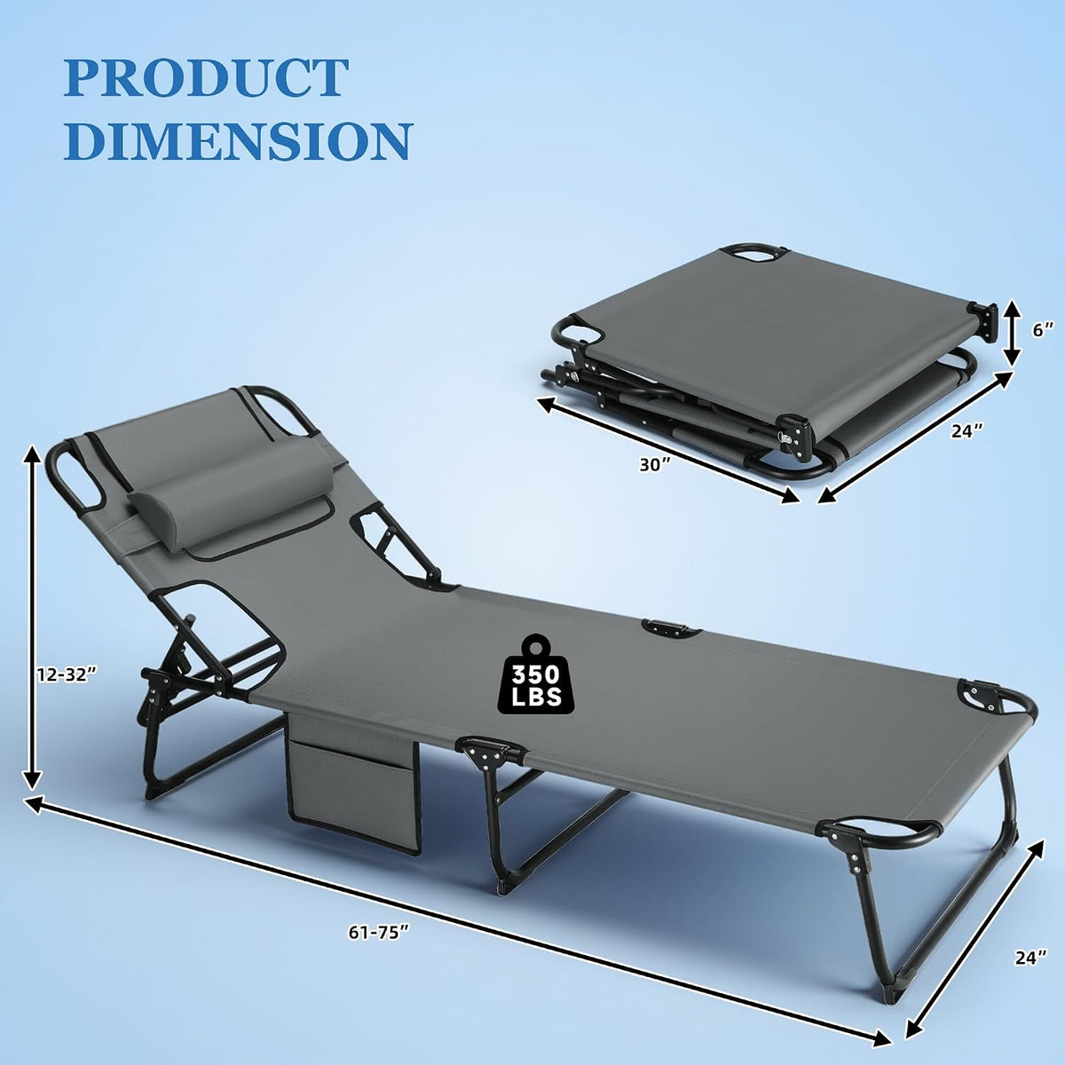 3-in-1 Sun Tanning Chair Outdoor Folding Chaise Lounge for Pool Beach, Grey