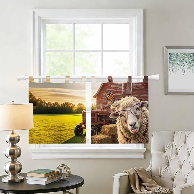 Farm Sheep Kitchen Curtains 36 Inch Length, Small Window Curtains Tab Top