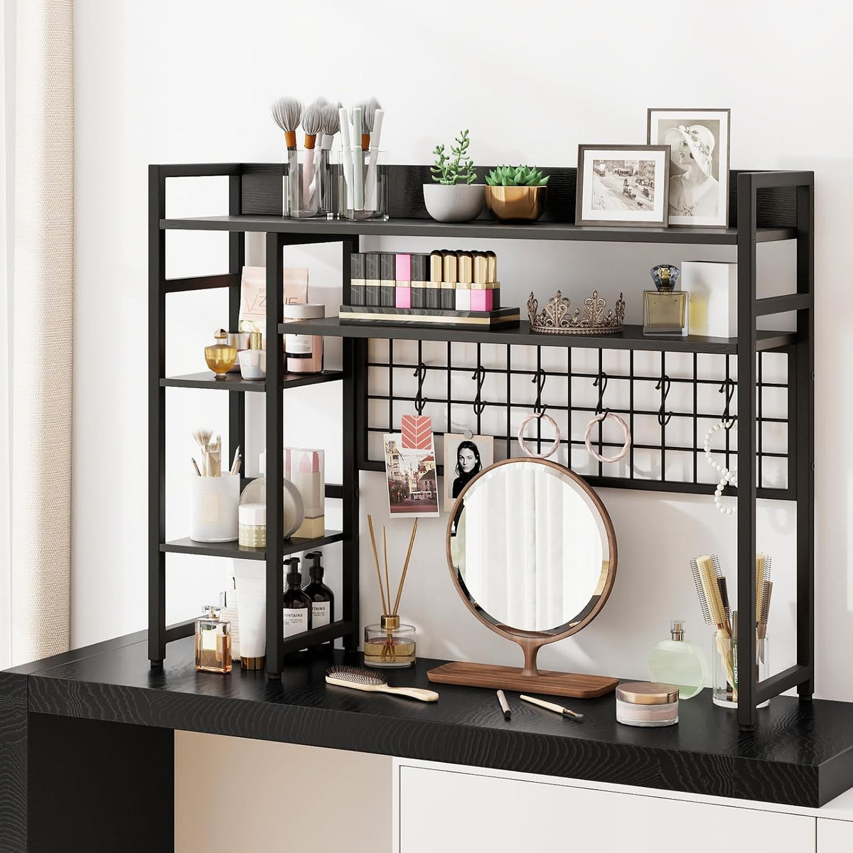 GOFLAME Desktop Bookshelf, 37 Inch Desk Shelf for Computer Monitor, 4-Tier Desk Hutch with Grid Panel 6 Hooks Set, Industrial Countertop Storage Organizer Shelf for Home Office, Dorm (Black)