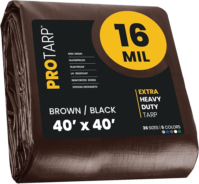 PROTARP Extra Heavy Duty 16 Mil Tarp Cover, Waterproof, UV Resistant, Rip and Tear Proof, Poly Tarpaulin with Reinforced Edges for Roof, Camping, Patio, Pool, Boat. (Brown/Black 40′ X 40′)