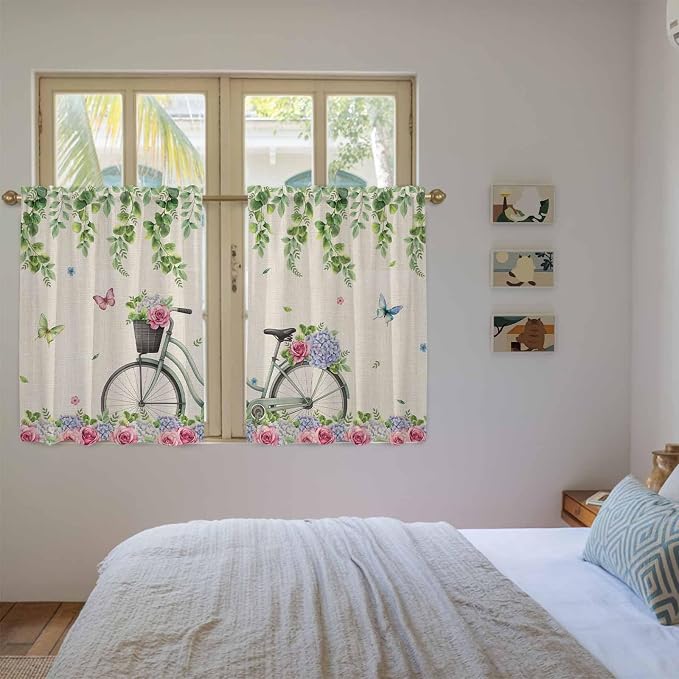 Farmhouse Spring Tier Curtains, Retro Bicycles Flowers Vines Butterfly Light