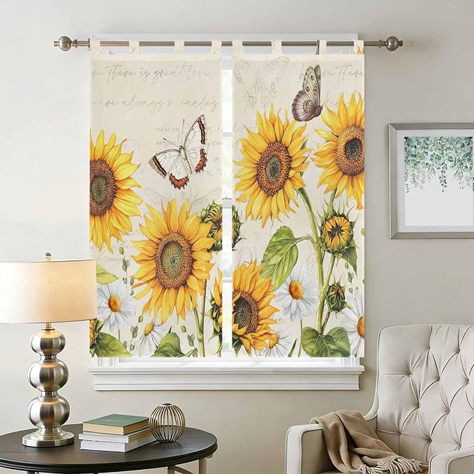 Farm Sunflowers Living Room Curtains 84 Inch Length, Window Curtains Tab Top