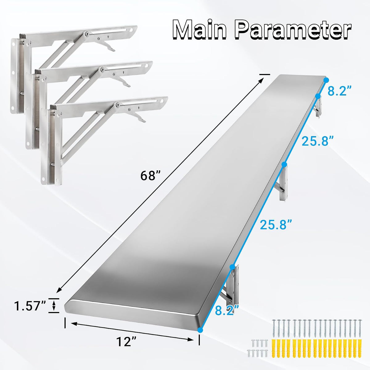 Folding Concession Shelf 68" W x 12" D for Kitchen, Garage