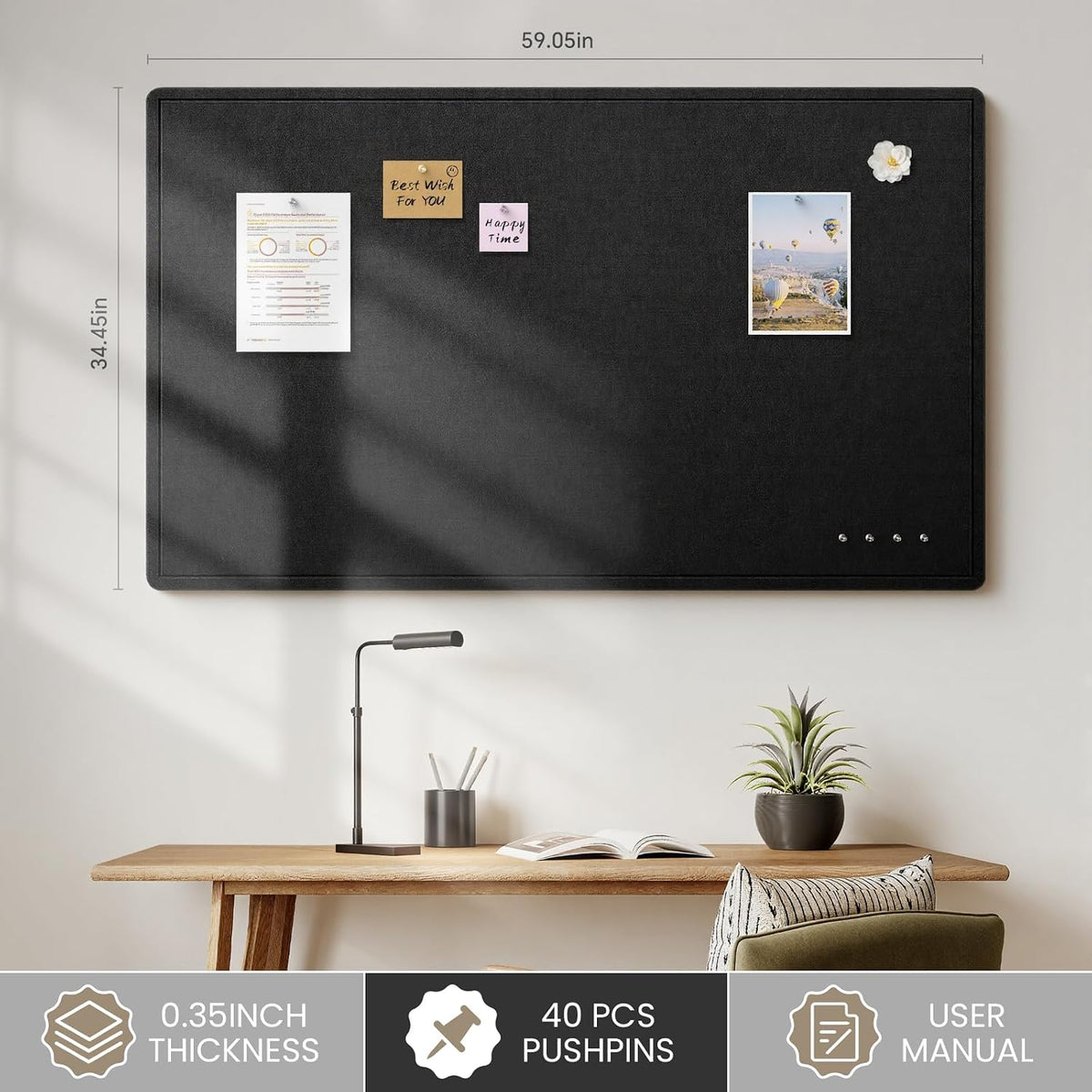 Bulletin Board, 60 X 35 inches Decorative Felt Cork Board Alternative with Pushpins, Foldable Felt Notice Pin Board Photo Display Board for Office Home School Wall