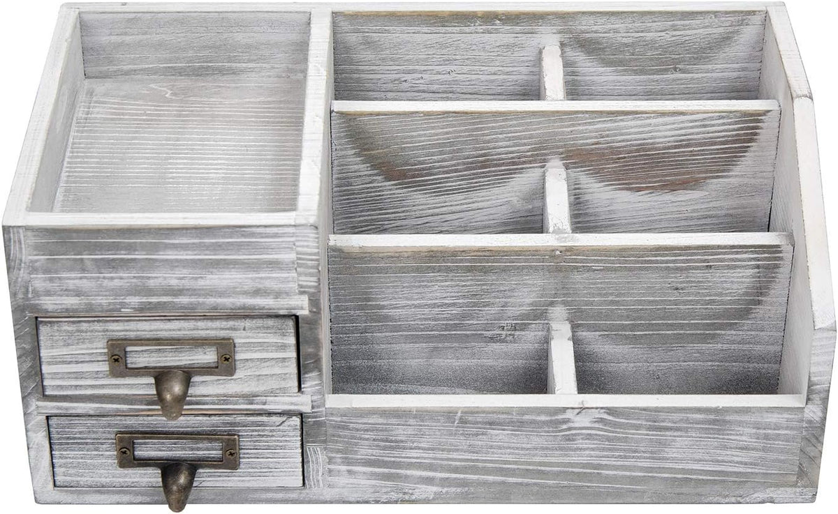 Distressed Rustic Wooden Office Desktop Organizer Wood Shelf Tabletop Home Organizer Storage with Multiple Compartments 2 Tier Drawers,perfect Jewelry storage Display Box for Desk, Vanity (gray)