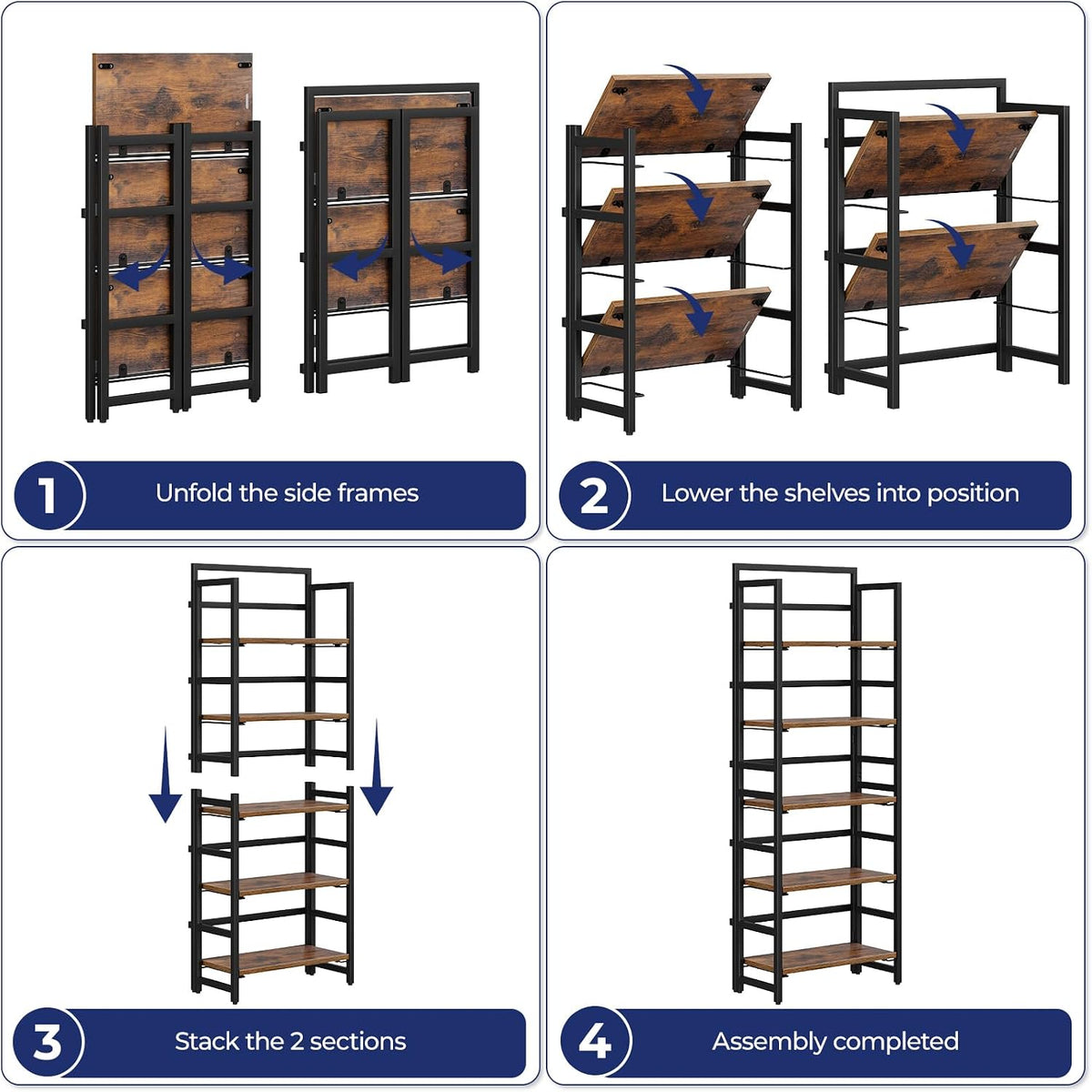 NUMENN 5-Tier Folding Bookshelf, Splits Into 2 Units, Vintage