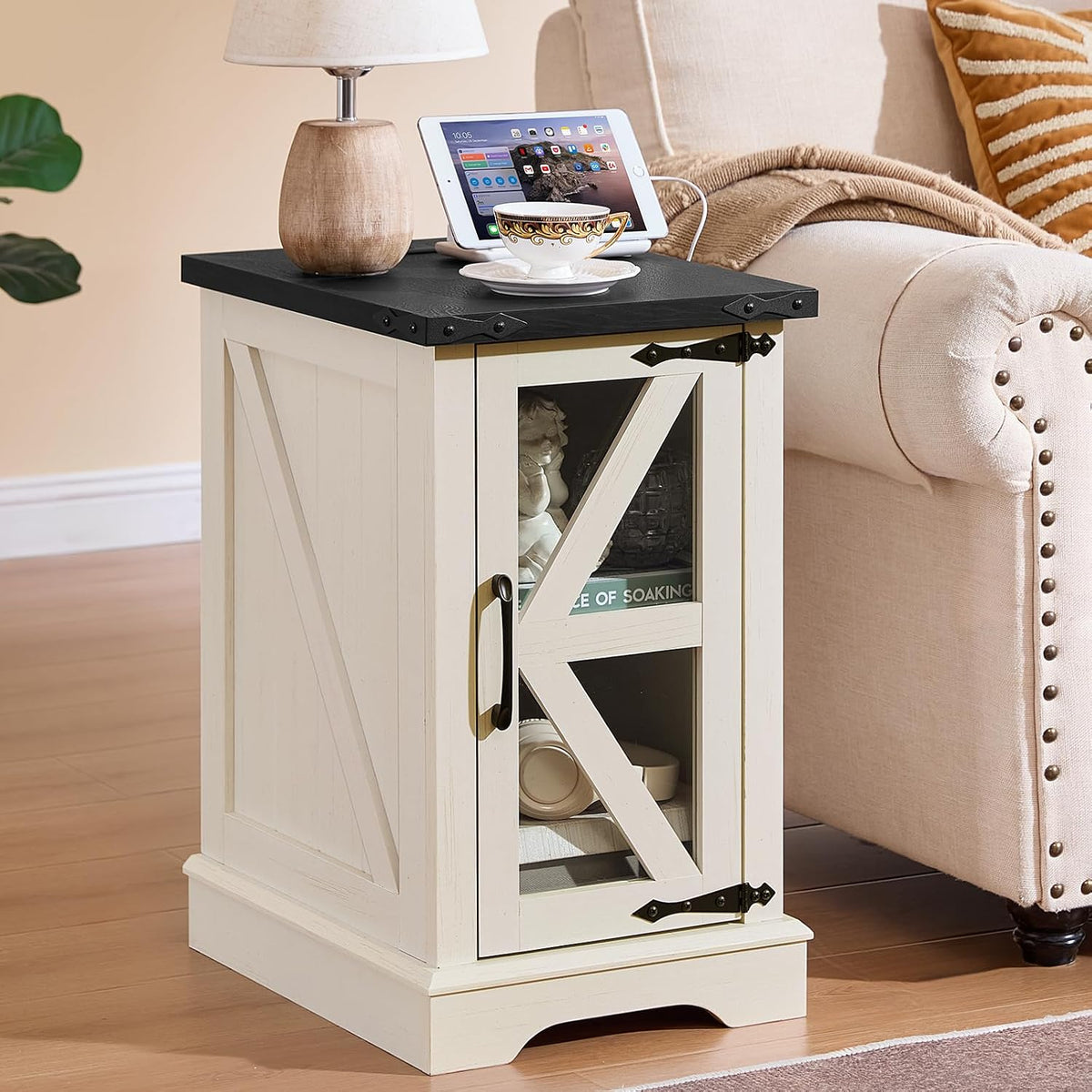 Joaxswe Narrow Night Stand with Charger Station, Glass Barn Door