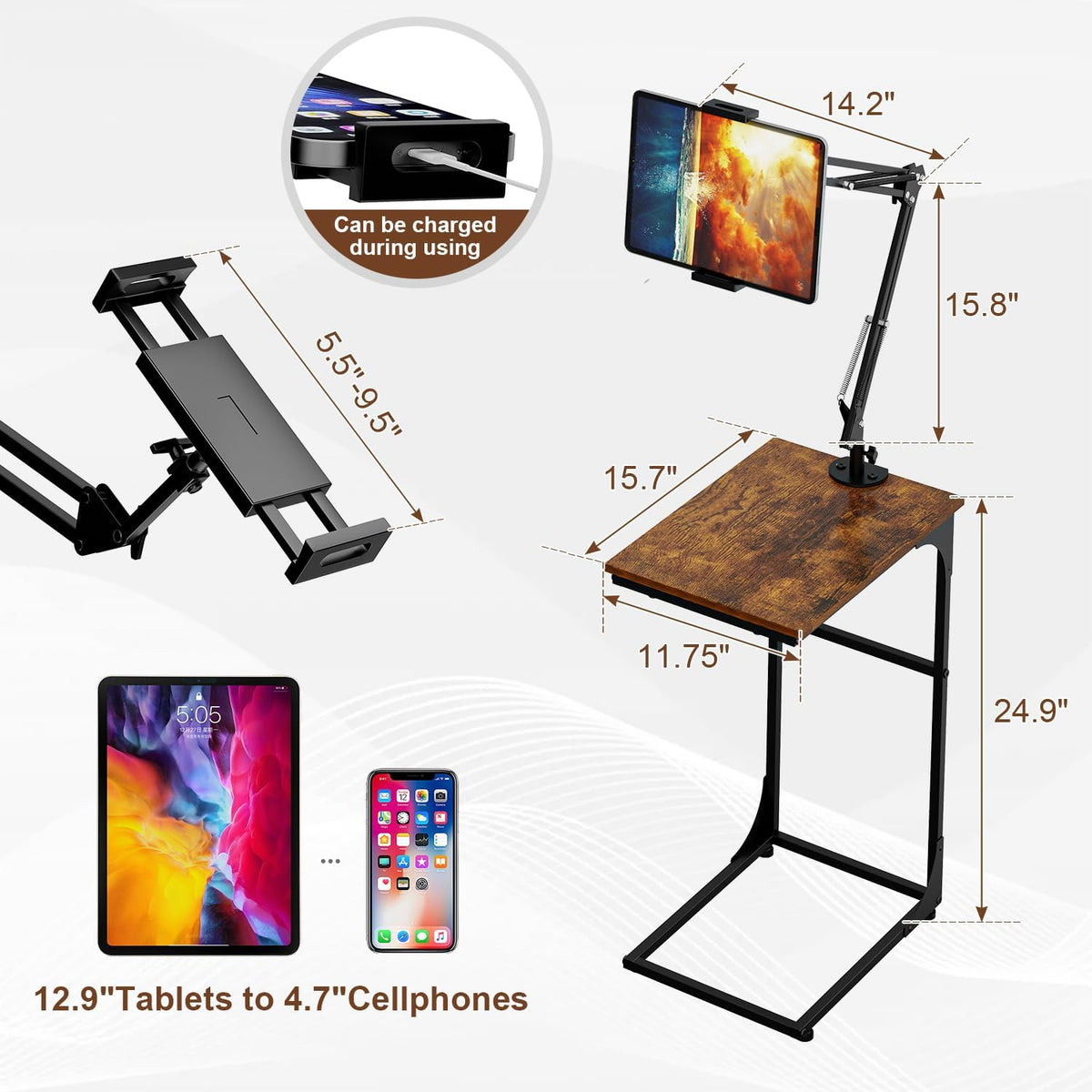 Floor Kindle Phone Tablet Stand with End Table for Overhead Bed,Counch
