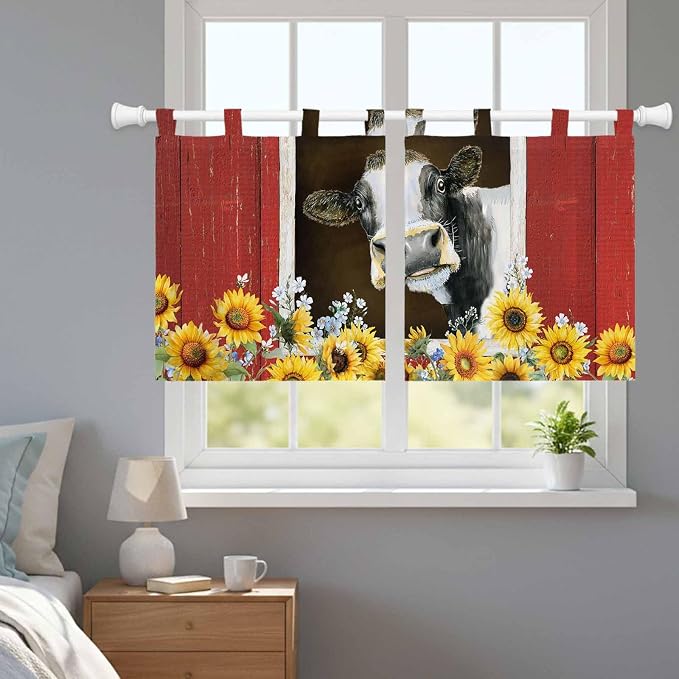 Cows Sunflowers Kitchen Curtains 36 Inch Length, Small Window Curtains Tab Top